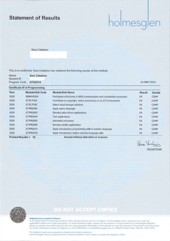 Holmesglen - Cert IV Programming